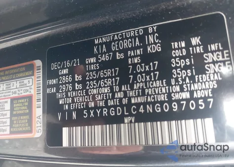 2022 Kia Sorento Lx z USA, uszkodzony, nr VIN 5XYRGDLC4NG097057